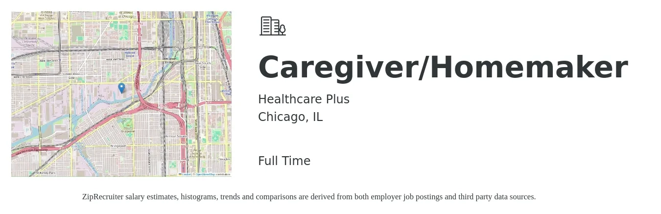 Healthcare Plus job posting for a Caregiver/Homemaker in Chicago, IL with a salary of $16 Hourly with a map of Chicago location.