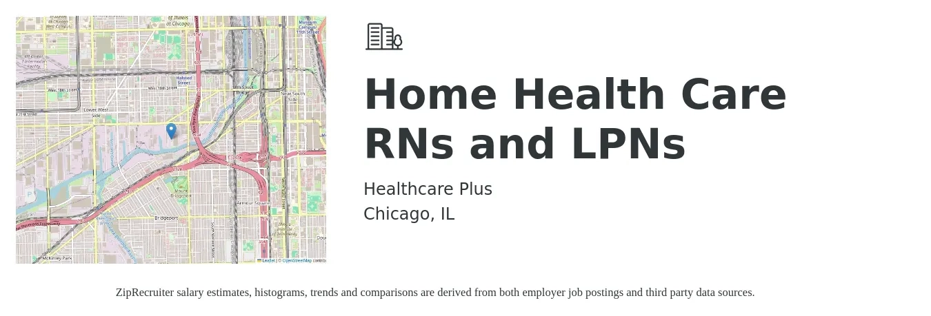 Healthcare Plus job posting for a Home Health Care RNs and LPNs in Chicago, IL with a salary of $27 to $36 Hourly with a map of Chicago location.