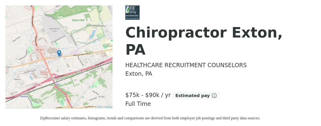 HEALTHCARE RECRUITMENT COUNSELORS job posting for a Chiropractor Exton, PA in Exton, PA with a salary of $75,000 to $90,000 Yearly with a map of Exton location.