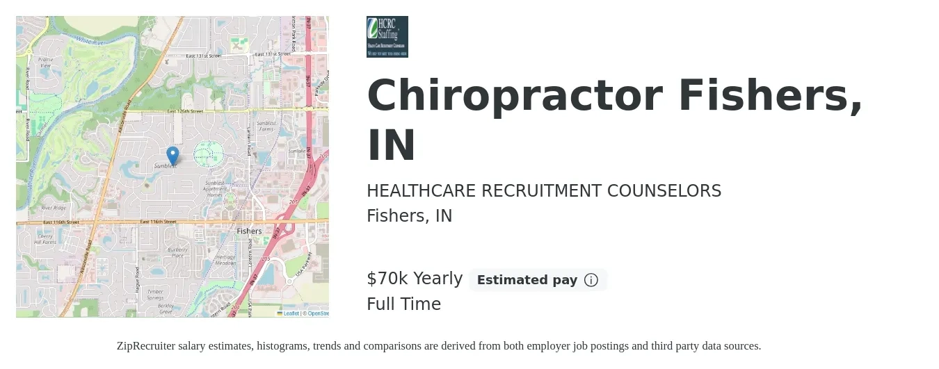 HEALTHCARE RECRUITMENT COUNSELORS job posting for a Chiropractor Fishers, IN in Fishers, IN with a salary of $70,000 Yearly with a map of Fishers location.