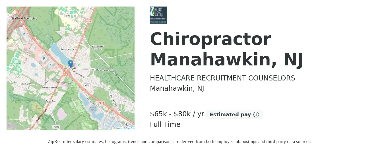HEALTHCARE RECRUITMENT COUNSELORS job posting for a Chiropractor Manahawkin, NJ in Manahawkin, NJ with a salary of $65,000 to $80,000 Yearly with a map of Manahawkin location.