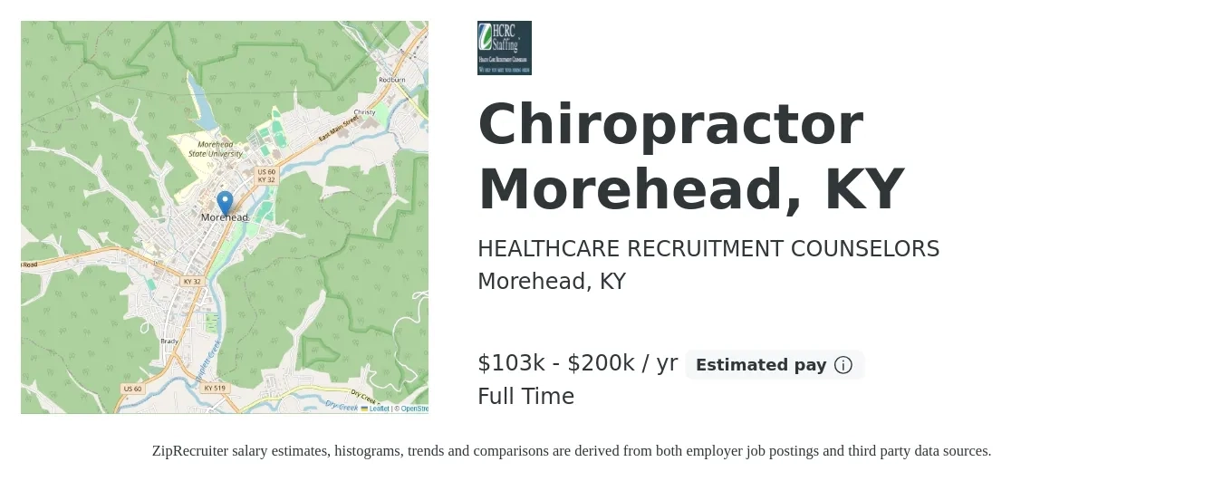 HEALTHCARE RECRUITMENT COUNSELORS job posting for a Chiropractor Morehead, KY in Morehead, KY with a salary of $103,000 to $200,000 Yearly with a map of Morehead location.