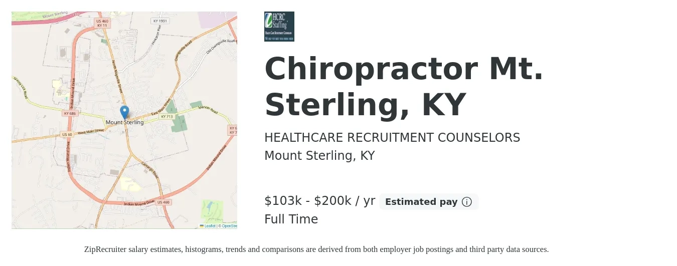 HEALTHCARE RECRUITMENT COUNSELORS job posting for a Chiropractor Mt. Sterling, KY in Mount Sterling, KY with a salary of $103,000 to $200,000 Yearly with a map of Mount Sterling location.
