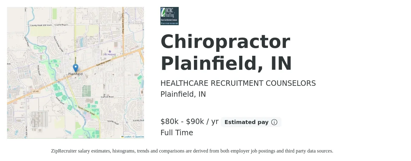 HEALTHCARE RECRUITMENT COUNSELORS job posting for a Chiropractor Plainfield, IN in Plainfield, IN with a salary of $80,000 to $90,000 Yearly with a map of Plainfield location.
