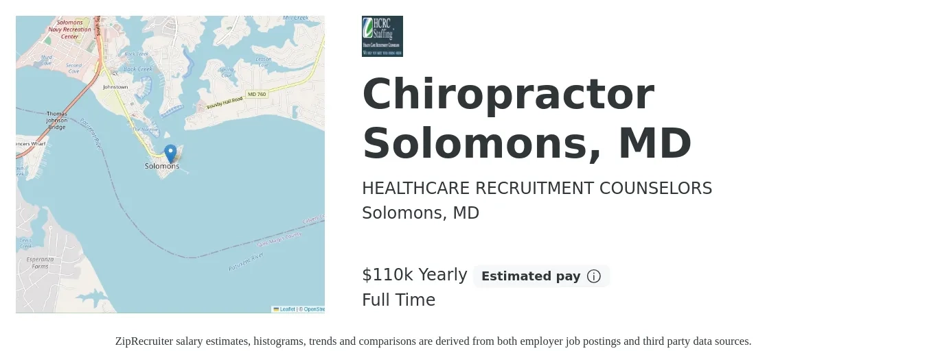 HEALTHCARE RECRUITMENT COUNSELORS job posting for a Chiropractor Solomons, MD in Solomons, MD with a salary of $110,000 Yearly with a map of Solomons location.