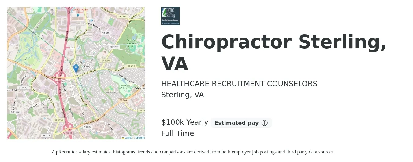 HEALTHCARE RECRUITMENT COUNSELORS job posting for a Chiropractor Sterling, VA in Sterling, VA with a salary of $100,000 Yearly with a map of Sterling location.