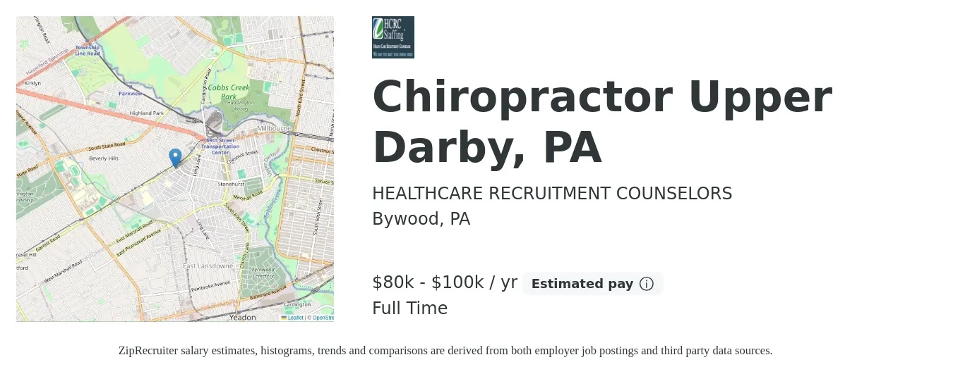 HEALTHCARE RECRUITMENT COUNSELORS job posting for a Chiropractor Upper Darby, PA in Bywood, PA with a salary of $80,000 to $100,001 Yearly with a map of Bywood location.