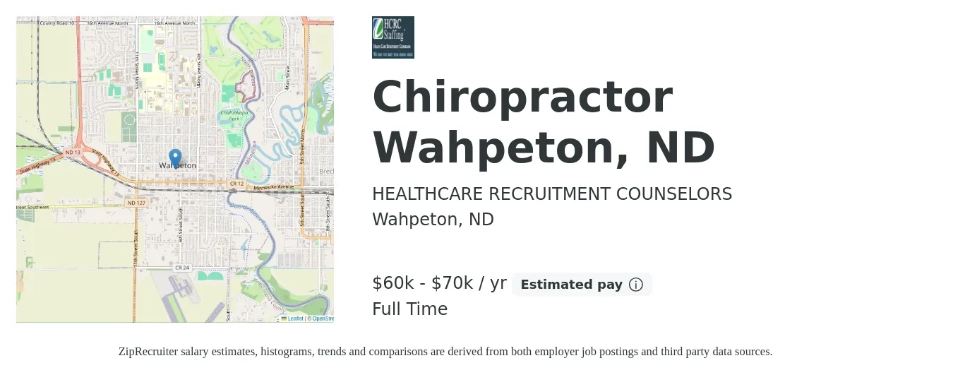 HEALTHCARE RECRUITMENT COUNSELORS job posting for a Chiropractor Wahpeton, ND in Wahpeton, ND with a salary of $60,000 to $70,000 Yearly with a map of Wahpeton location.