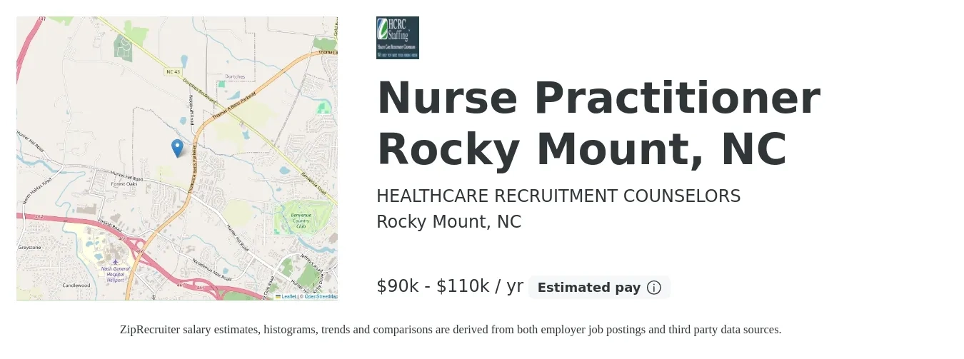 HEALTHCARE RECRUITMENT COUNSELORS job posting for a Nurse Practitioner Rocky Mount, NC in Rocky Mount, NC with a salary of $90,000 to $110,000 Yearly with a map of Rocky Mount location.