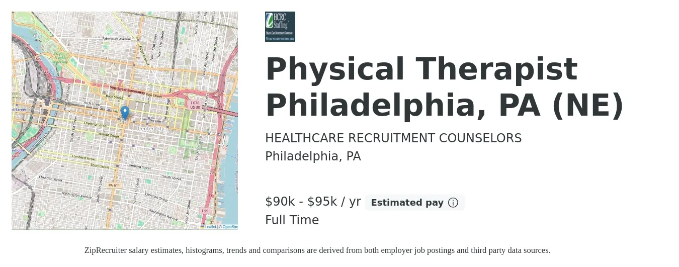 HEALTHCARE RECRUITMENT COUNSELORS job posting for a Physical Therapist Philadelphia, PA (NE) in Philadelphia, PA with a salary of $90,000 to $95,000 Yearly with a map of Philadelphia location.