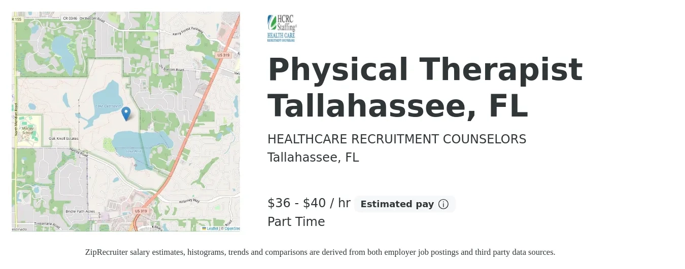 HEALTHCARE RECRUITMENT COUNSELORS job posting for a Physical Therapist Tallahassee, FL in Tallahassee, FL with a salary of $38 to $42 Hourly with a map of Tallahassee location.