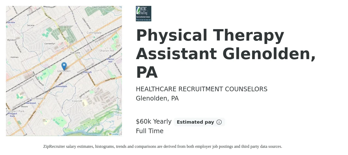 HEALTHCARE RECRUITMENT COUNSELORS job posting for a Physical Therapy Assistant Glenolden, PA in Glenolden, PA with a salary of $60,000 Yearly with a map of Glenolden location.