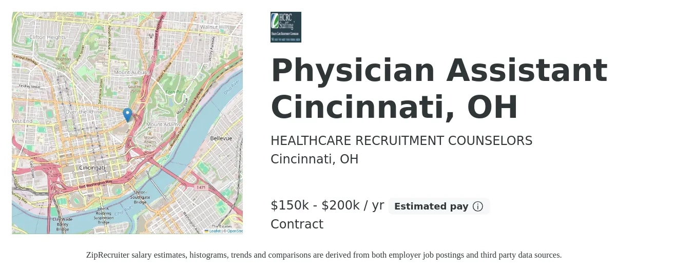 HEALTHCARE RECRUITMENT COUNSELORS job posting for a Physician Assistant Cincinnati, OH in Cincinnati, OH with a salary of $150,000 to $200,000 Yearly with a map of Cincinnati location.
