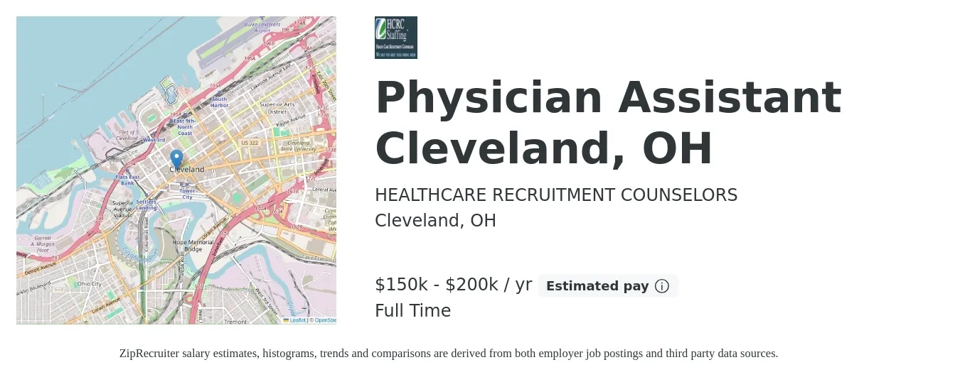 HEALTHCARE RECRUITMENT COUNSELORS job posting for a Physician Assistant Cleveland, OH in Cleveland, OH with a salary of $150,000 to $200,000 Yearly with a map of Cleveland location.
