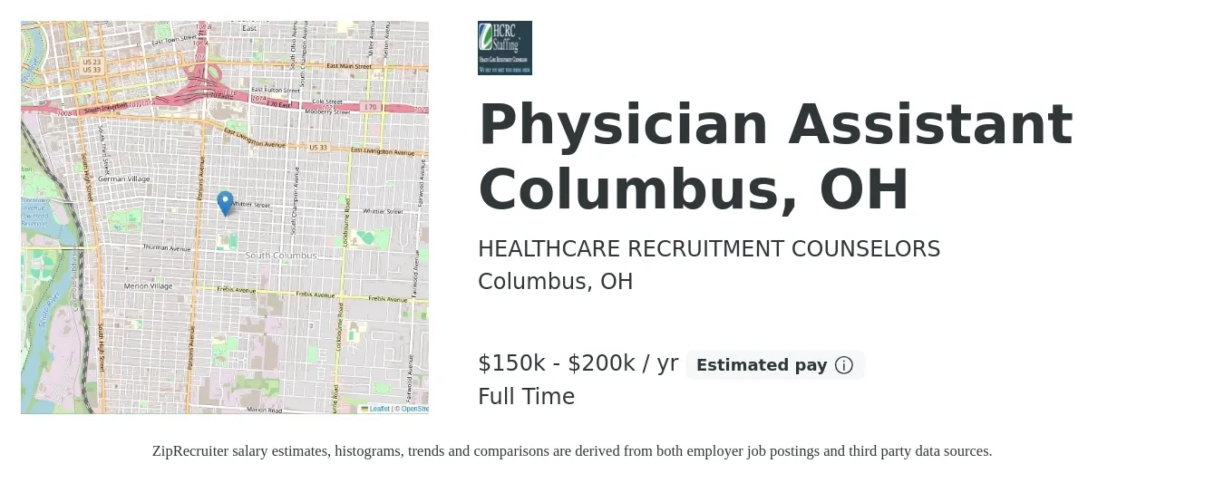 HEALTHCARE RECRUITMENT COUNSELORS job posting for a Physician Assistant Columbus, OH in Columbus, OH with a salary of $150,000 to $200,000 Yearly with a map of Columbus location.