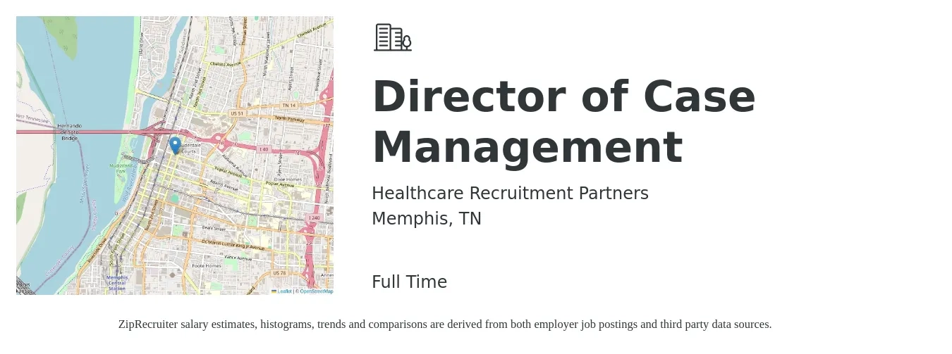 Healthcare Recruitment Partners job posting for a Director of Case Management in Memphis, TN with a salary of $87,500 to $126,300 Yearly with a map of Memphis location.