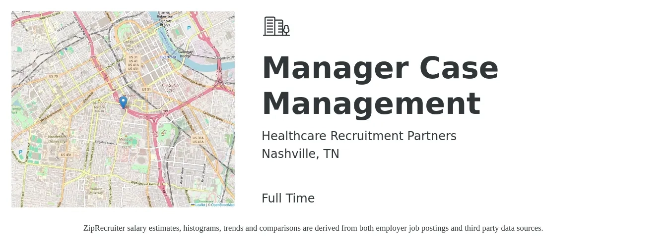 Healthcare Recruitment Partners job posting for a Manager Case Management in Nashville, TN with a salary of $19 to $25 Hourly with a map of Nashville location.