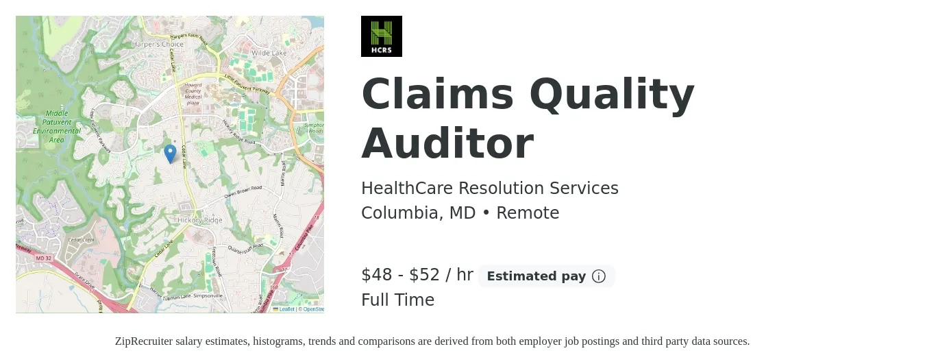 HealthCare Resolution Services job posting for a Claims Quality Auditor in Columbia, MD with a salary of $50 to $55 Hourly with a map of Columbia location.