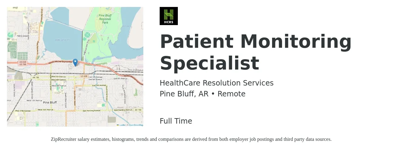 HealthCare Resolution Services job posting for a Patient Monitoring Specialist in Pine Bluff, AR with a salary of $16 to $21 Hourly with a map of Pine Bluff location.