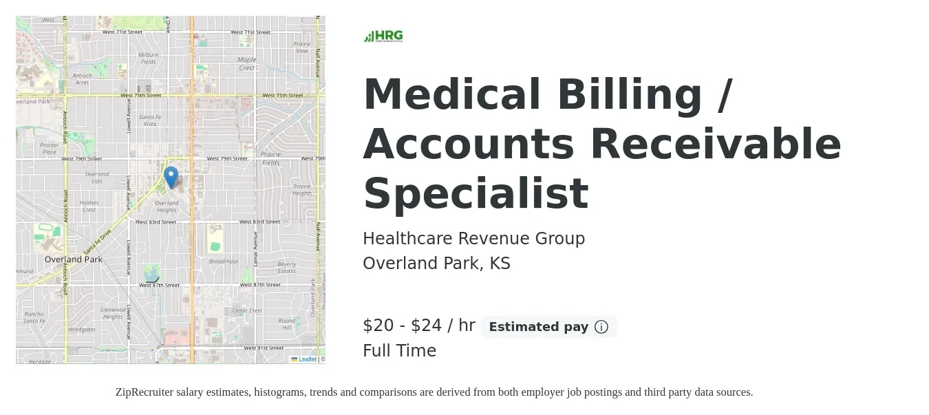 Healthcare Revenue Group job posting for a Medical Billing / Accounts Receivable Specialist in Overland Park, KS with a salary of $21 to $25 Hourly with a map of Overland Park location.