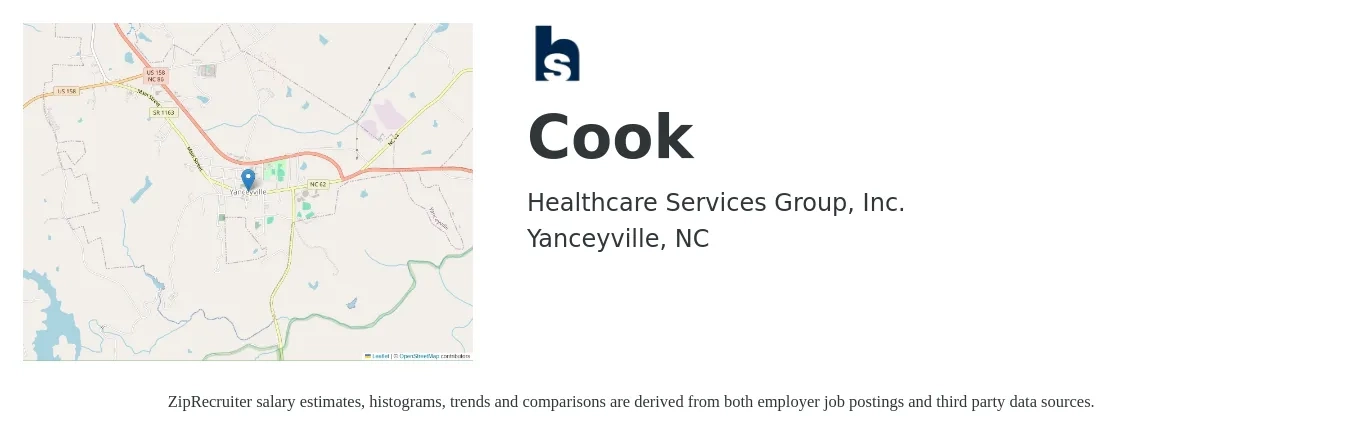 Healthcare Services Group, Inc. job posting for a Cook in Yanceyville, NC with a salary of $10 to $14 Hourly with a map of Yanceyville location.