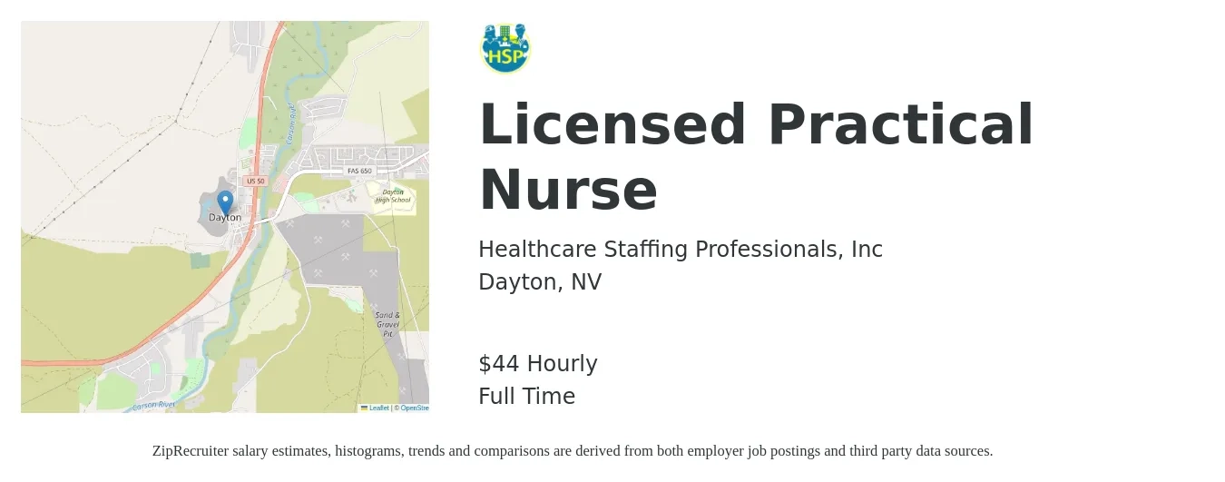 Healthcare Staffing Professionals, Inc job posting for a Licensed Practical Nurse in Dayton, NV with a salary of $46 Hourly with a map of Dayton location.