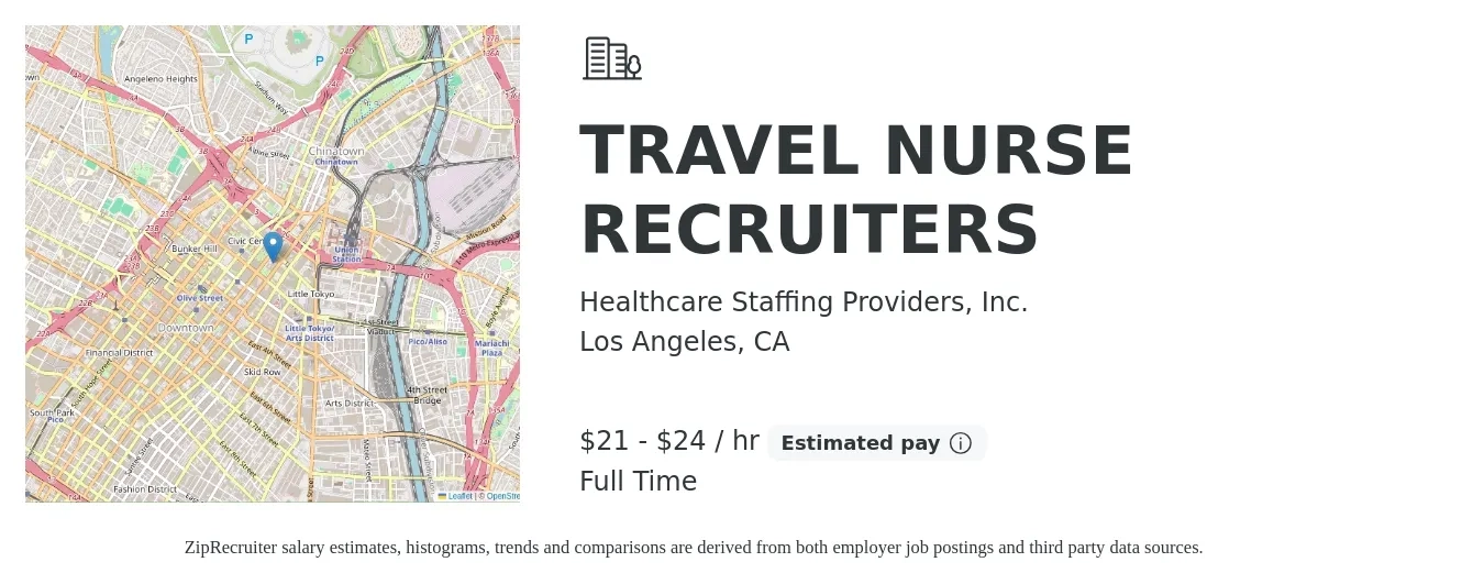 Healthcare Staffing Providers, Inc. job posting for a TRAVEL NURSE RECRUITERS in Los Angeles, CA with a salary of $22 to $25 Hourly (plus commission) with a map of Los Angeles location.