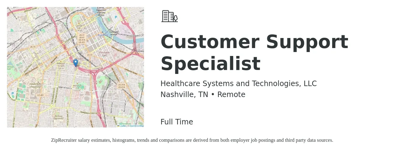 Healthcare Systems and Technologies, LLC job posting for a Customer Support Specialist in Nashville, TN with a salary of $18 to $24 Hourly with a map of Nashville location.