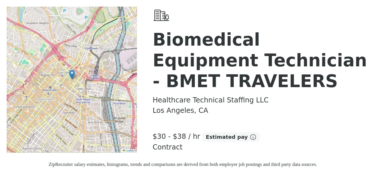 Healthcare Technical Staffing LLC job posting for a Biomedical Equipment Technician - BMET TRAVELERS in Los Angeles, CA with a salary of $32 to $40 Hourly with a map of Los Angeles location.