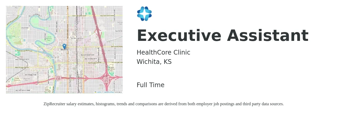 HealthCore Clinic job posting for a Executive Assistant in Wichita, KS with a salary of $44,700 to $67,100 Yearly with a map of Wichita location.