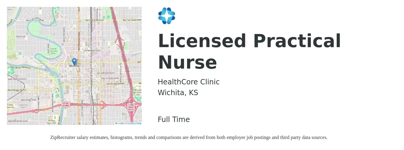 HealthCore Clinic job posting for a Licensed Practical Nurse in Wichita, KS with a salary of $23 to $31 Hourly with a map of Wichita location.