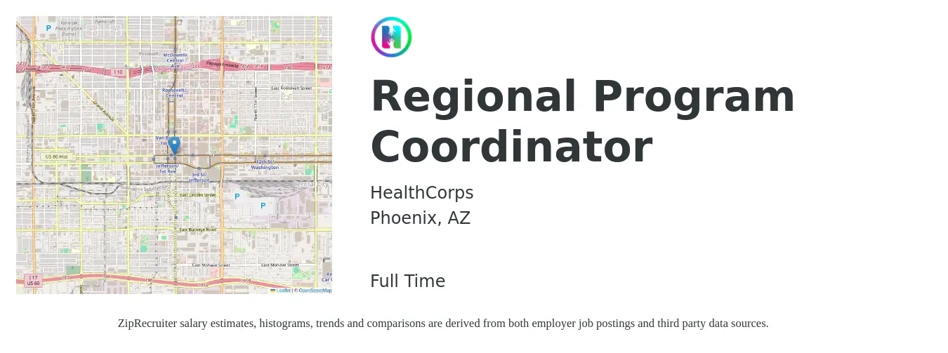 HealthCorps job posting for a Regional Program Coordinator in Phoenix, AZ with a salary of $46,700 to $85,400 Yearly with a map of Phoenix location.