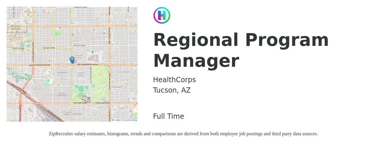 HealthCorps job posting for a Regional Program Manager in Tucson, AZ with a salary of $59,100 to $103,100 Yearly with a map of Tucson location.