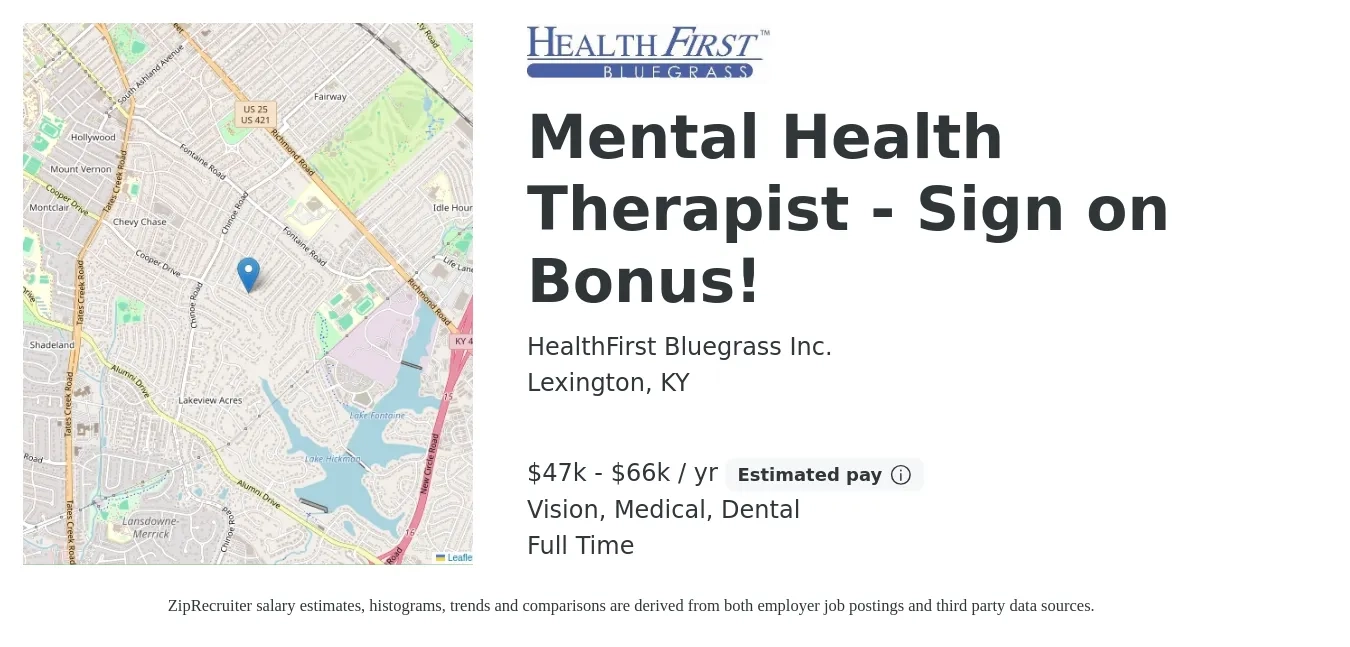 HealthFirst Bluegrass Inc. job posting for a Mental Health Therapist - Sign on Bonus! in Lexington, KY with a salary of $47,000 to $66,000 Yearly and benefits including vision, dental, life_insurance, medical, pto, and retirement with a map of Lexington location.