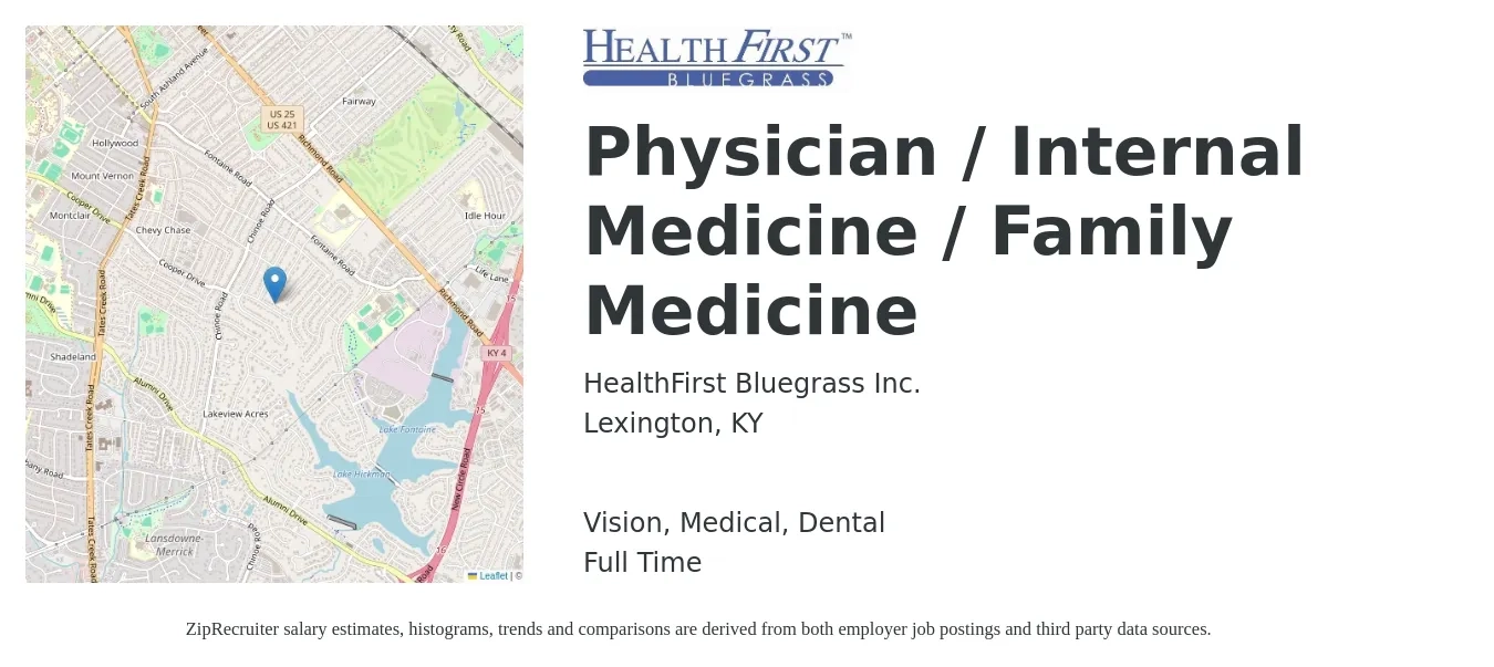 HealthFirst Bluegrass Inc. job posting for a Physician / Internal Medicine / Family Medicine in Lexington, KY with a salary of $128,200 to $248,500 Yearly and benefits including life_insurance, medical, retirement, vision, and dental with a map of Lexington location.