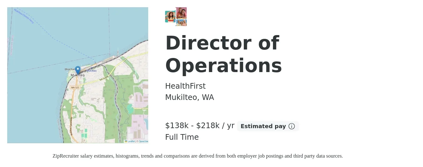 HealthFirst job posting for a Director of Operations in Mukilteo, WA with a salary of $138,976 to $218,887 Yearly with a map of Mukilteo location.