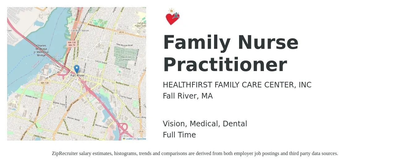 HEALTHFIRST FAMILY CARE CENTER, INC job posting for a Family Nurse Practitioner in Fall River, MA with a salary of $110,900 to $140,500 Yearly and benefits including life_insurance, medical, pto, retirement, vision, and dental with a map of Fall River location.