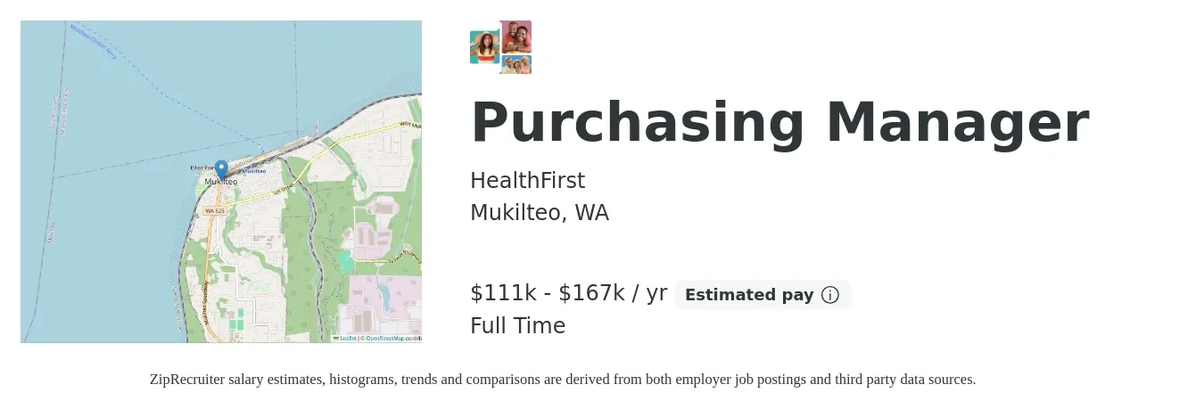 HealthFirst job posting for a Purchasing Manager in Mukilteo, WA with a salary of $111,989 to $167,983 Yearly with a map of Mukilteo location.