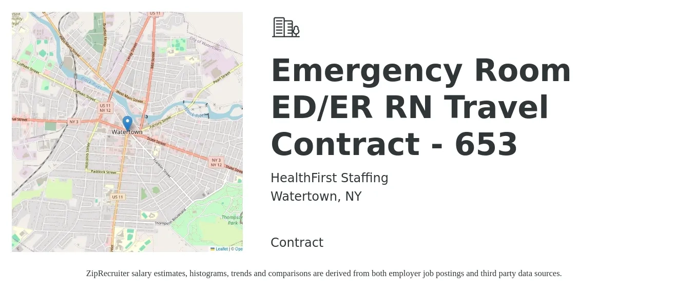 HealthFirst Staffing job posting for a Emergency Room ED/ER RN Travel Contract - 653 in Watertown, NY with a salary of $2,090 to $2,970 Weekly with a map of Watertown location.