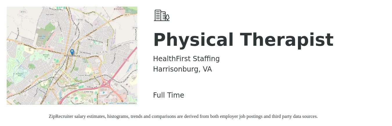 HealthFirst Staffing job posting for a Physical Therapist in Harrisonburg, VA with a salary of $1,550 to $2,000 Weekly with a map of Harrisonburg location.
