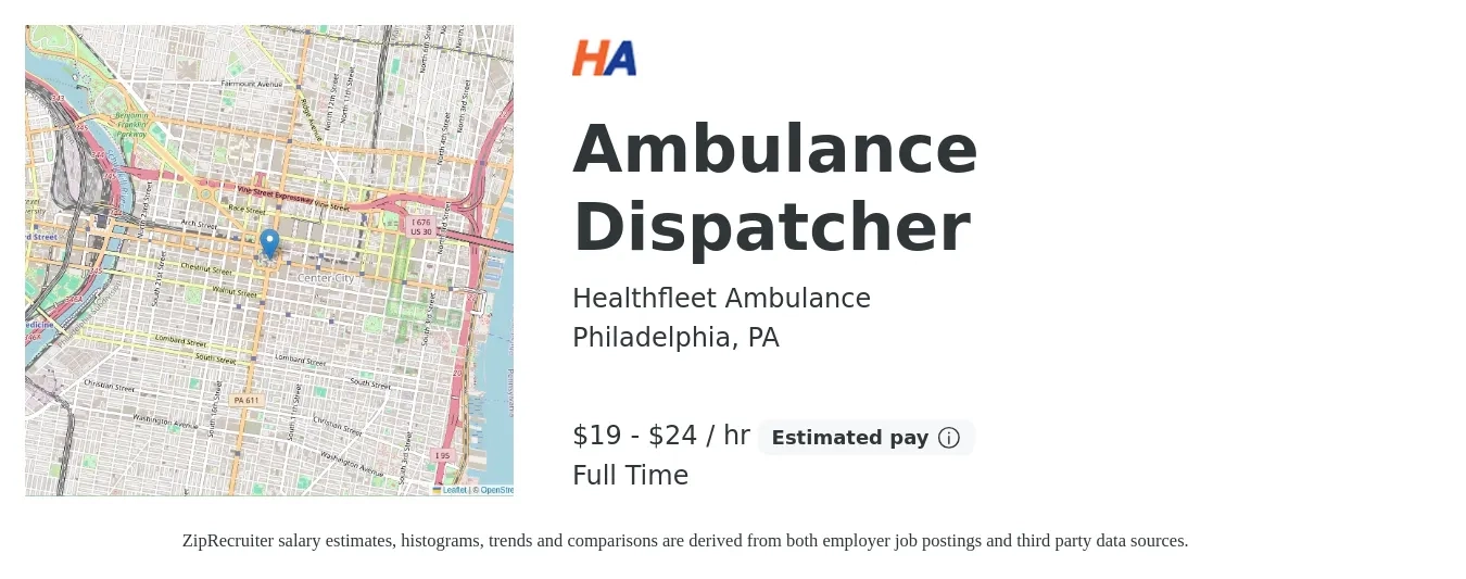 Healthfleet Ambulance job posting for a Ambulance Dispatcher in Philadelphia, PA with a salary of $20 to $25 Hourly with a map of Philadelphia location.