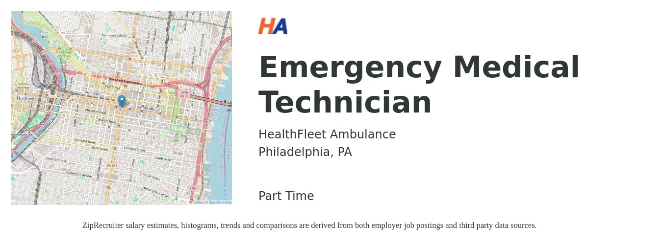 Healthfleet Ambulance job posting for a Emergency Medical Technician in Philadelphia, PA with a salary of $17 to $22 Hourly with a map of Philadelphia location.