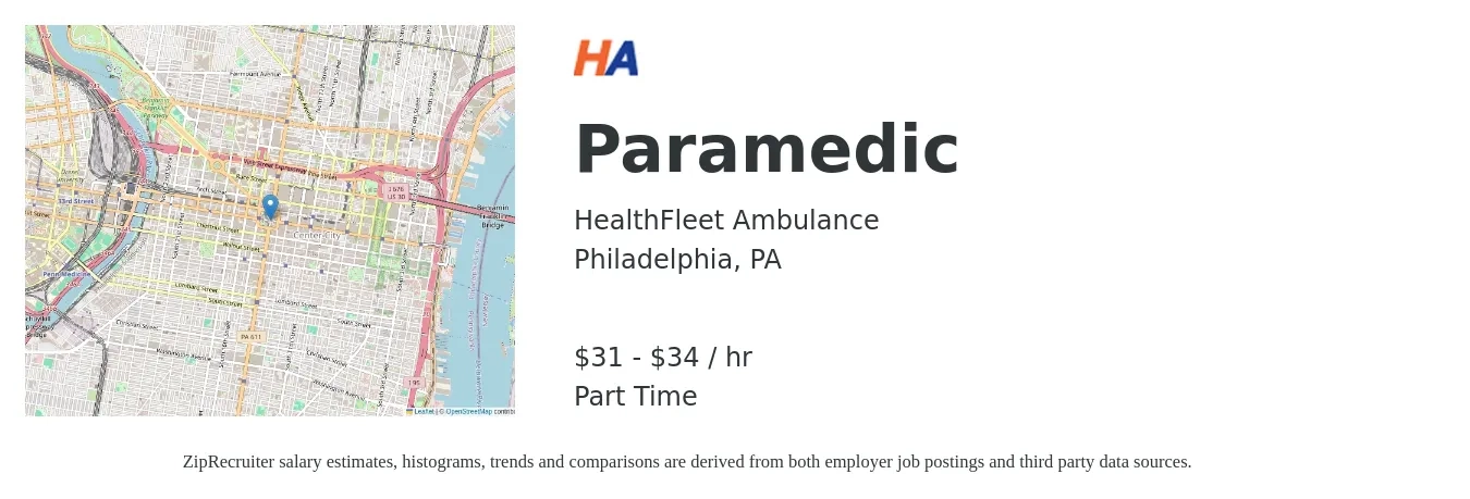 Healthfleet Ambulance job posting for a Paramedic in Philadelphia, PA with a salary of $33 to $36 Hourly with a map of Philadelphia location.