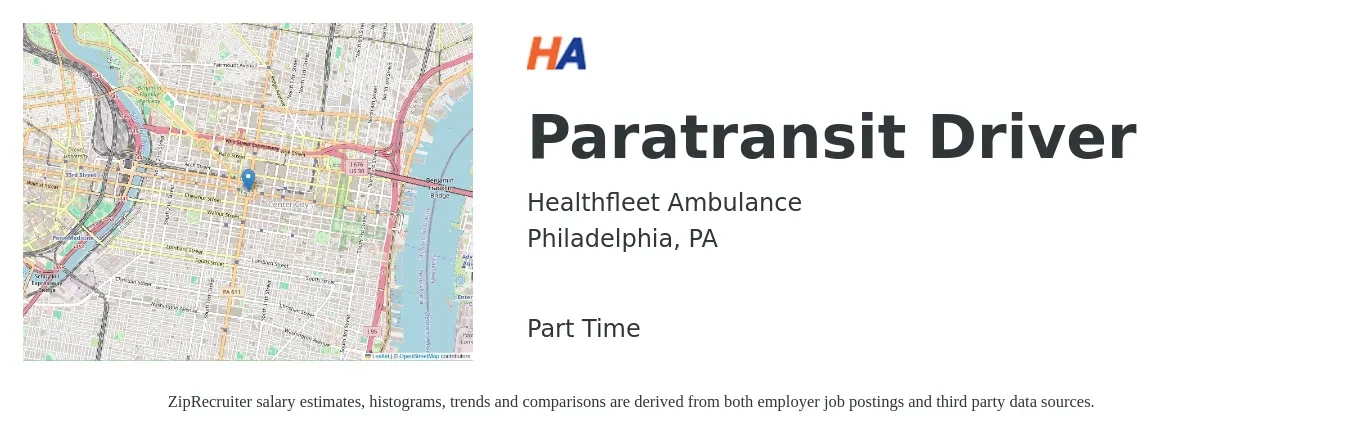 Healthfleet Ambulance job posting for a Paratransit Driver in Philadelphia, PA with a salary of $15 to $18 Hourly with a map of Philadelphia location.