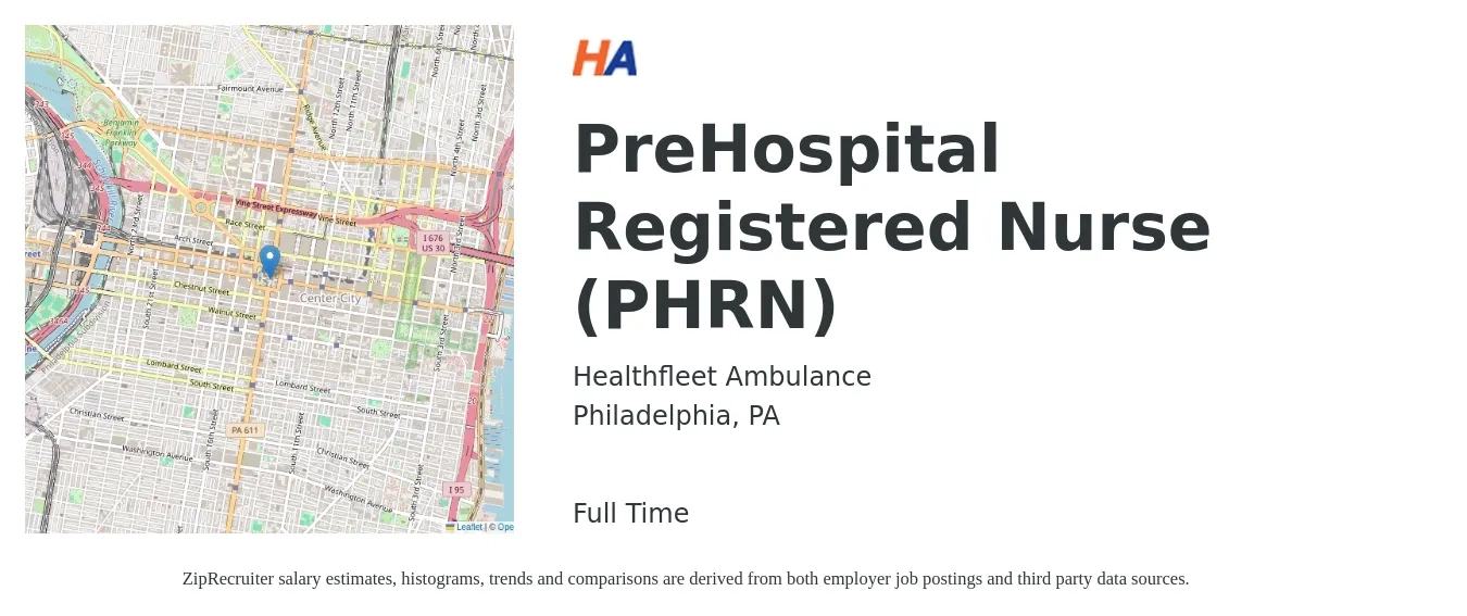 Healthfleet Ambulance job posting for a PreHospital Registered Nurse (PHRN) in Philadelphia, PA with a salary of $31 to $50 Hourly with a map of Philadelphia location.