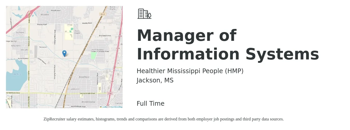 Healthier Mississippi People (HMP) job posting for a Manager of Information Systems in Jackson, MS with a salary of $69,800 to $113,000 Yearly with a map of Jackson location.