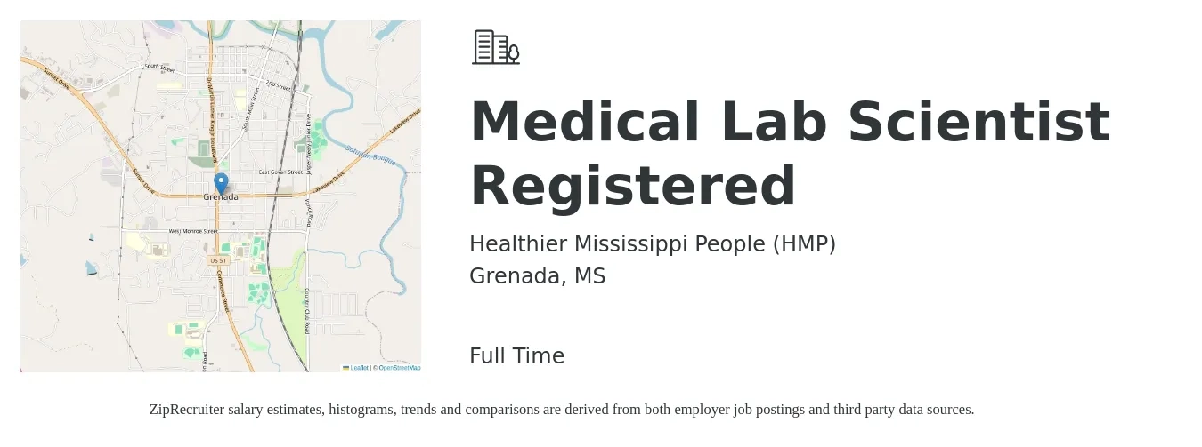 Healthier Mississippi People (HMP) job posting for a Medical Lab Scientist Registered in Grenada, MS with a salary of $41,200 to $67,300 Yearly with a map of Grenada location.