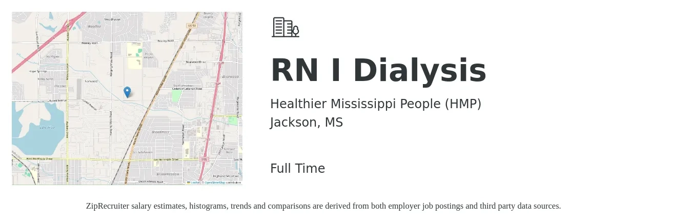 Healthier Mississippi People (HMP) job posting for a RN I Dialysis in Jackson, MS with a salary of $1,510 to $2,100 Weekly with a map of Jackson location.