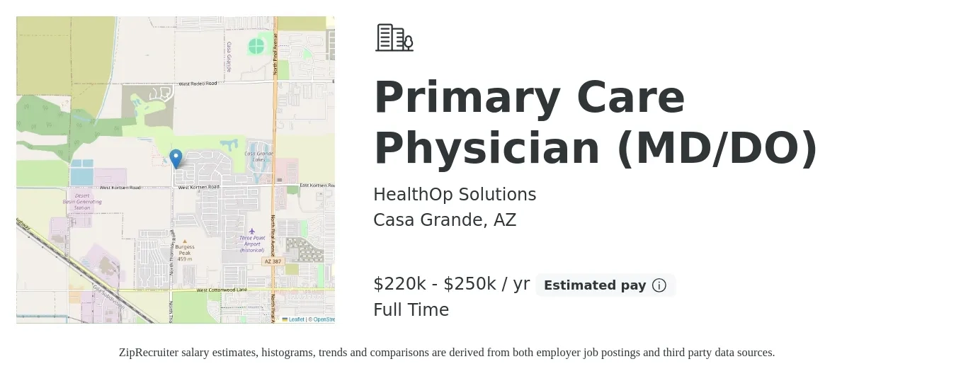 HealthOp Solutions job posting for a Primary Care Physician (MD/DO) in Casa Grande, AZ with a salary of $220,000 to $250,000 Yearly with a map of Casa Grande location.