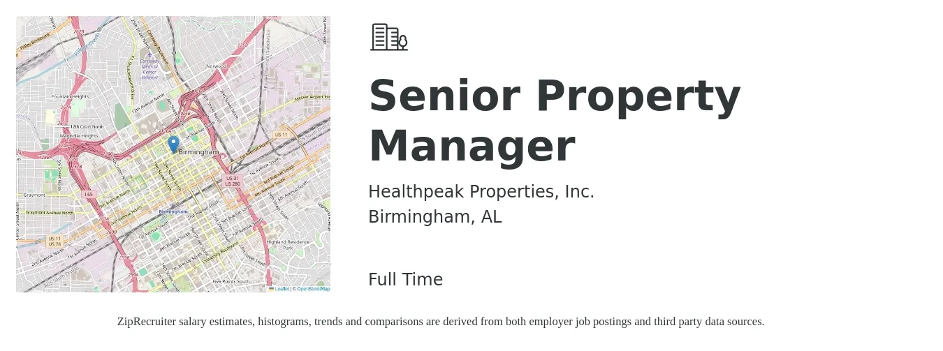 Healthpeak Properties, Inc. job posting for a Senior Property Manager in Birmingham, AL with a salary of $67,000 to $104,500 Yearly with a map of Birmingham location.